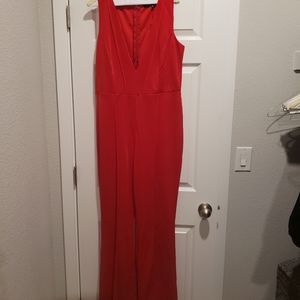 Red deep V jumpsuit